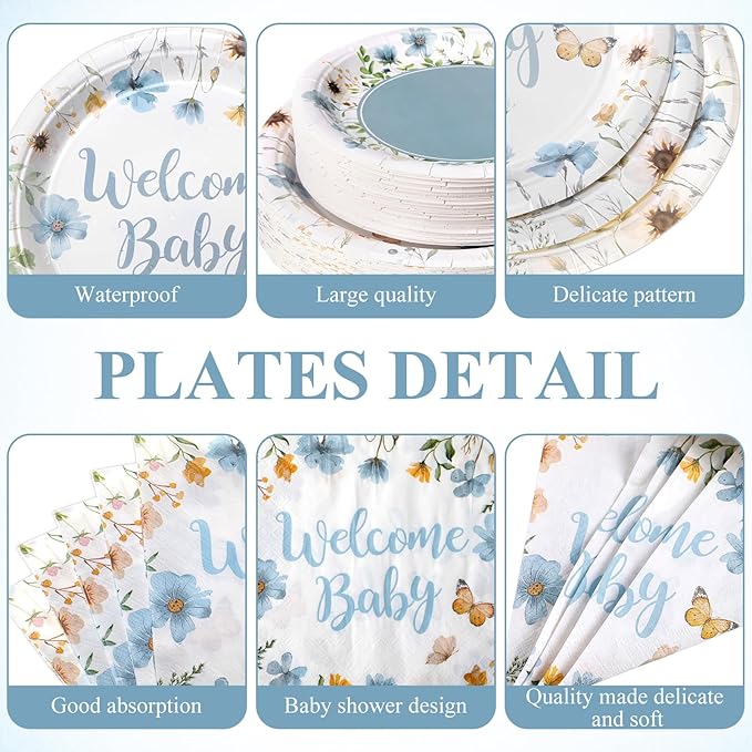 Pickmesh 250 Pcs Blue Floral Baby Shower Party Supplies Decorations Serve 50 Wildflower Welcome Baby Disposable Paper Plates Napkins and Cups for Birthday Babies Boy Shower Gender Reveal Party Decor