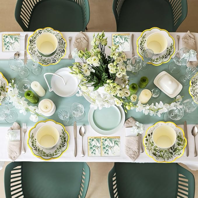 Yungyan 108 Pcs 36 Guests Greenery Plates and Napkins Party Supplies Sage Green and Gold Scalloped Disposable Eucalyptus Paper 6" Plates, Napkins and 9 oz Cups Set for Baby Shower Wedding Decoration