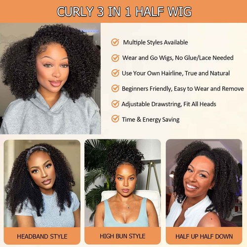 UWLK Half Wig Afro Curly 3 In 1 Glueless Wigs Human Hair 200 Density Curly Half Wig Human Hair for Women Beginner Friendly Drawstring Seamless Flip Headband Wig 18 Inch