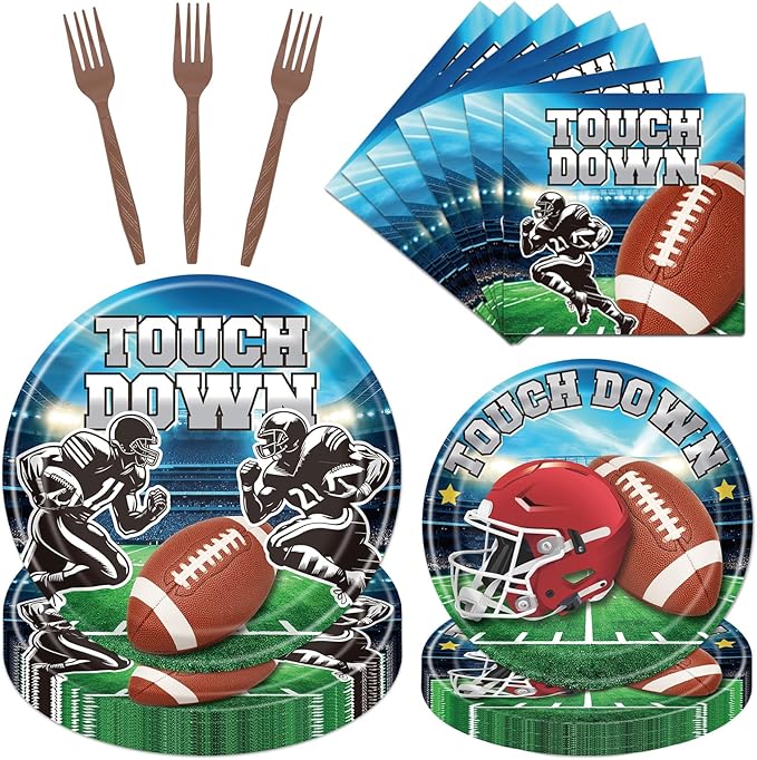 Rakuto Football Plates and Napkins Party Decorations, 96PCS Disposable Touch Down Paper Plates and Napkins Tableware Decoration, Ball Sports Themed Forks Decor for Birthday Team Serve 24