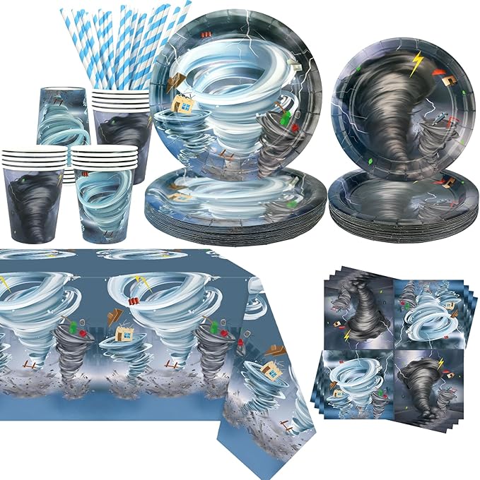 KEFAN Tornado Birthday Party Decorations, Tornado Theme Party Tableware Supplies including Plates, Cups, Napkins, Tablecloth (20)