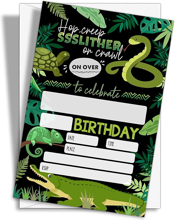 Reptile Birthday Party Invitations, 20-Count Snake Lizard Crocodile Theme Birthday Party Invites With Envelopes-HBYQK-B36