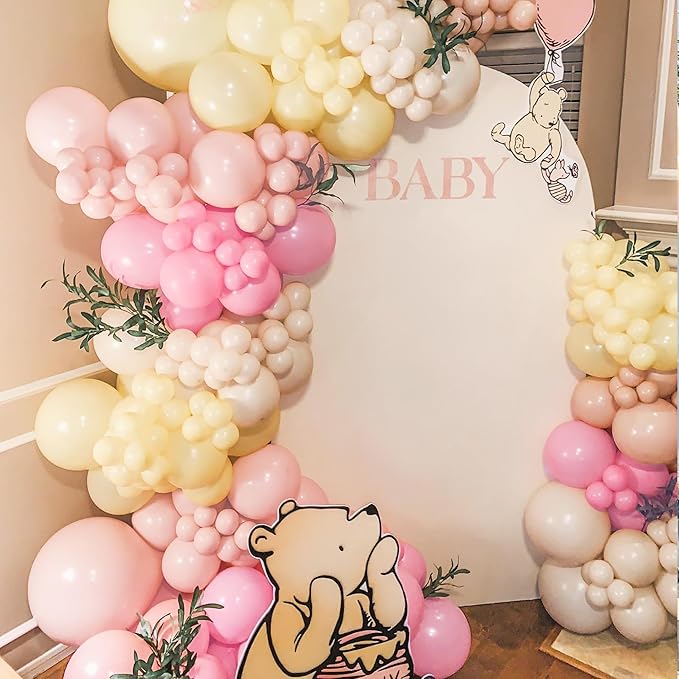 Pink and Yellow Balloon Arch, Pastel Light Pink Balloons Baby Pink Macaron Yellow Balloon Sand white Balloon Arch Kit for Birthday Baby Shower Bee Bear Theme Party Decoration