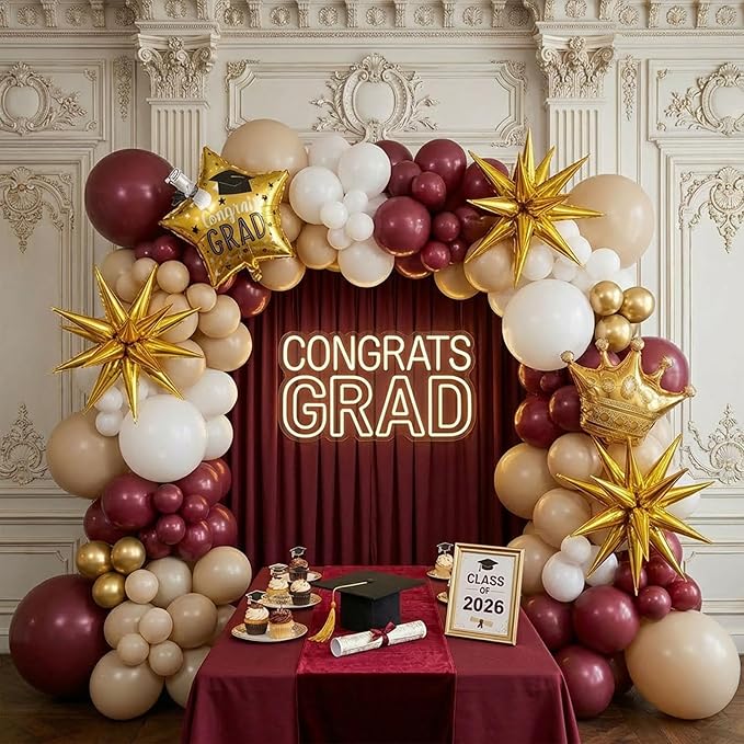 Burgundy White Gold Graduation Balloon Garland Arch Kit 126PCS with foil Star Crown graduation Cap balloons for School students graduate class of 2026 Prom Party decorations
