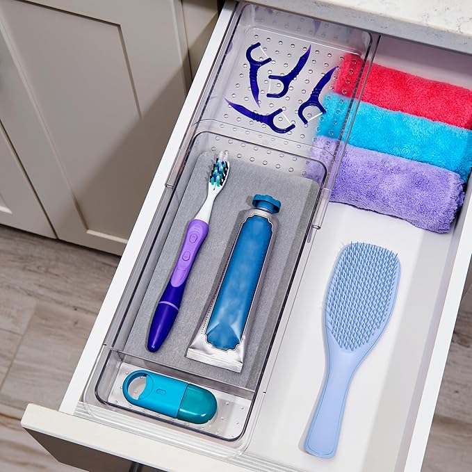 madesmart Expandable Dental Tray Drawer Organizer with Drying Stone, Clear Plastic Organizer for Toothbrush, Dental Floss, Water Flosser, Mouthwash