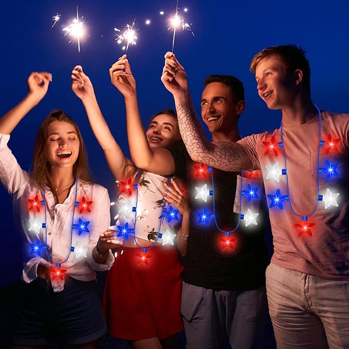 10PCS Independence Day Necklace Accessories, 4th of July Light up Necklaces Bulk, LED Patriotic 7 Bulb Red Blue Whtie Stars Necklaces, Glow Necklace for 4th of July Memorial Day Parades Party Favors