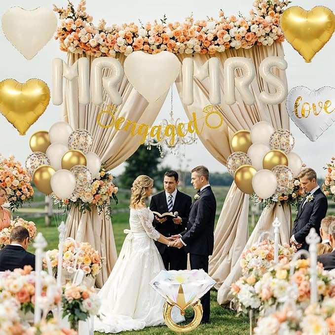 Sand White Engagement Party Decorations, MR and MRS Balloons Decor, White Gold Confetti Balloons, Love Heart and Diamond Ring Foil Balloon with Engaged Banner for Wedding Engagement Party Decoration