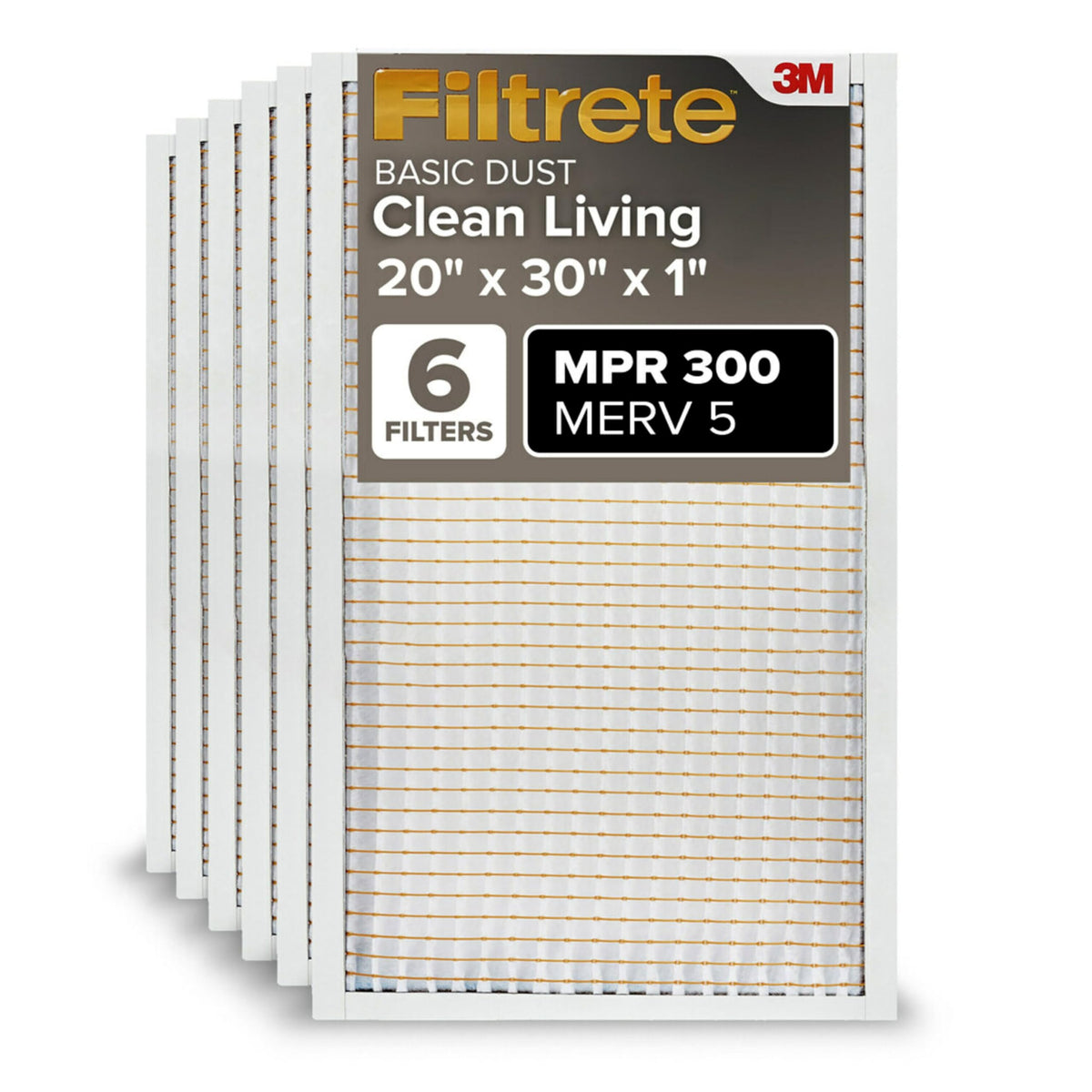 Filtrete 20x30x1 Air Filter MERV 5, 6-Pack AC Furnace HVAC Filters for Home, MPR 300 Basic Dust Defense, Pleated Electrostatic (Actual Size 19.81 x 29.81 x 0.81 in)