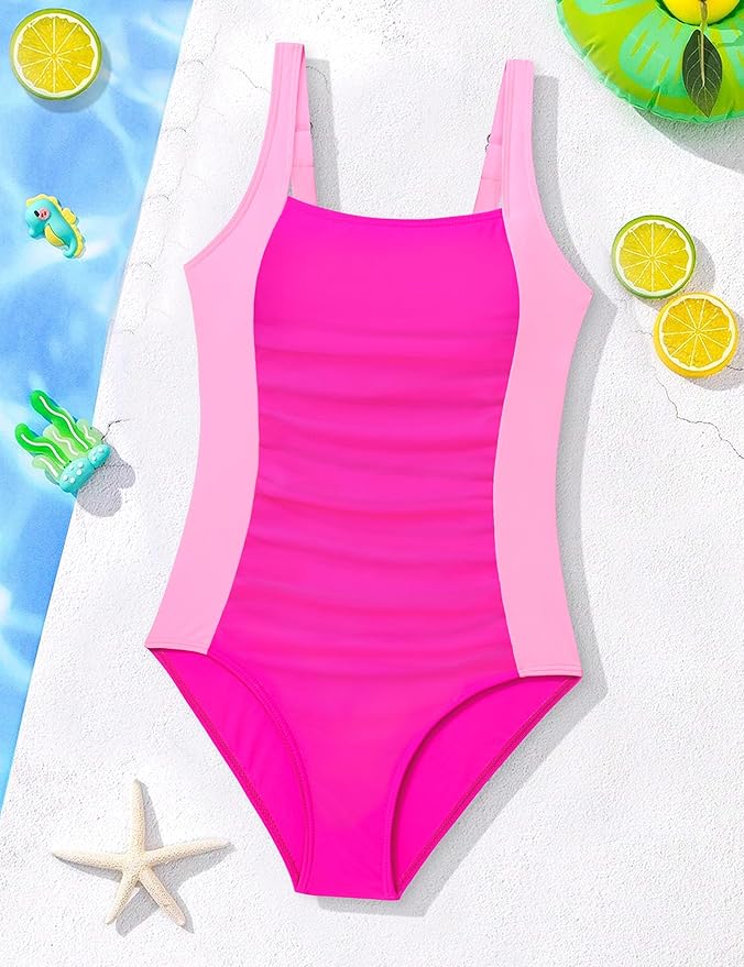 Girl Swimsuit One Piece Bathing Suit for Girls Solid Color Ruched Adjustable Straps Padded Swimwear 9-16y