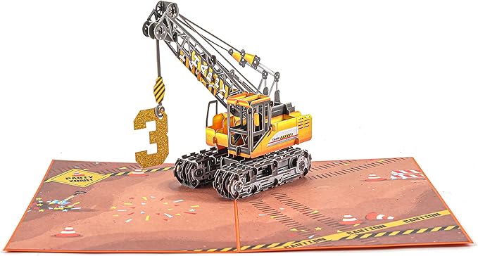 Liif Crane Truck Happy 3rd Birthday Card,3D Greeting Pop Up Birthday Card For 3 Years Old For Boy, Nephew, Grandson, Toddler,Fun Construction Vehicle Card,With Message Note & Envelop,Size 7x5 Inch