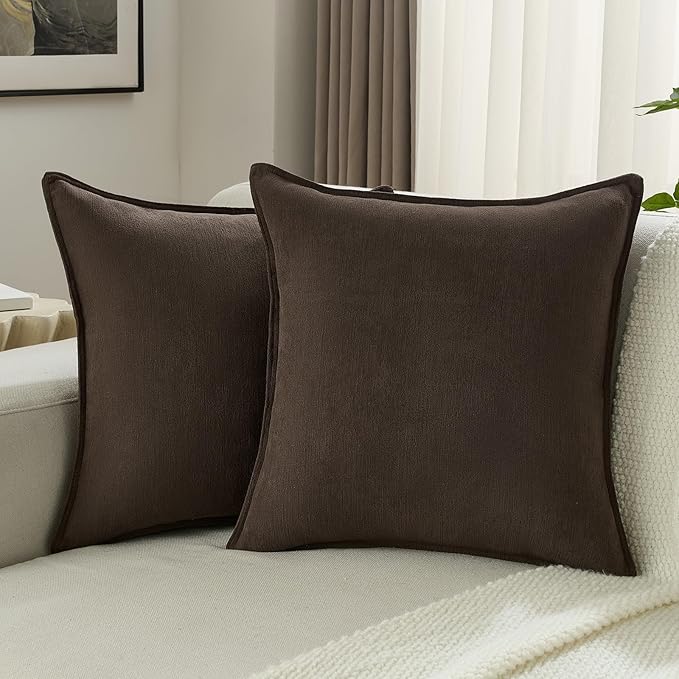 FUTEI Dark Coffee Chenille Throw Pillow Covers 24x24 Inch Set of 2,Edges Double-Stitched European Cushion Cases,Modern Home Decor for Couch Living Room