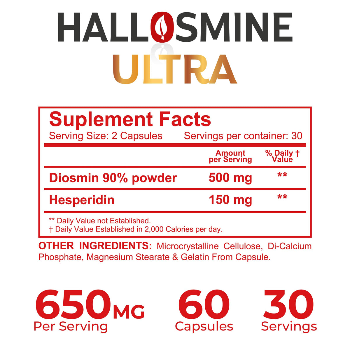 Hallusa Natural Hallosmine Ultra Diosmin 500mg & Hesperidin 150mg – Heavy Legs, Swelling & Vein - Blood Circulation Supplements, 60 Caps
