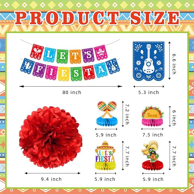 Mexican Fiesta Party Decorations Set - 27 PCS Let's Fiesta Banner, Colorful Paper Pom Poms, Hanging Swirls & Table Centerpieces - Perfect for Cinco de Mayo, Taco Tuesday, Birthday & Graduation