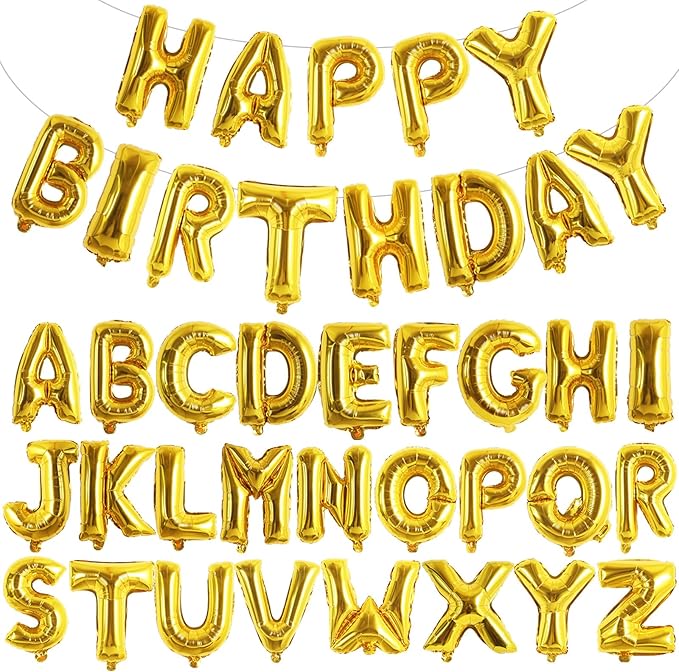 TONIFUL 65 Pcs 16 Inch Gold Happy Birthday Balloons and 2 Sets A-Z Foil Letters Balloons DIY Personalized Phrase Banner for Thanksgiving Christmas Birthday Celebration Halloween Party Decorations