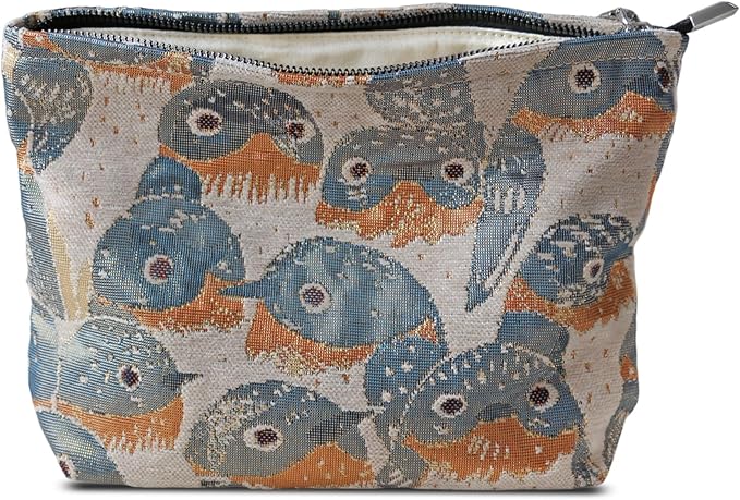 HAPPYHEIDI Cute Canvas Makeup Bag Cosmetic Toiletry Travel Pouch Car Handbag Organizer, Jacquard Golden Hirundo Rustica, Creamy Beige