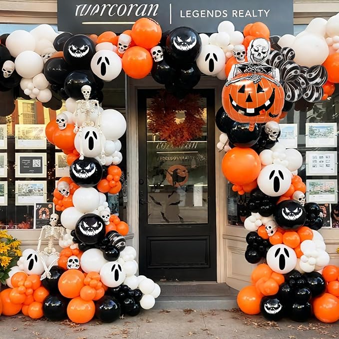 Halloween Balloons Decorations, Pumpkin Skull Balloon Black Orange White Balloon Garland Arch Kit Ghost Balloon for Scary Horror Outdoor Indoor Haunted Halloween Birthday Party Decoration Supplies