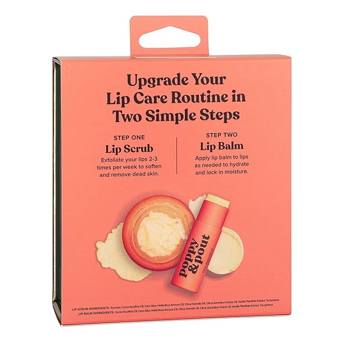 Poppy & Pout Lip Care Set | Lip Balm & Scrub | Sustainable Cardboard Tubes & Glass Jars, All Natural, Beeswax, Coconut Oil, Cruelty Free, Exfoliating & Moisturizing Lip Treatment (Pink Grapefruit)