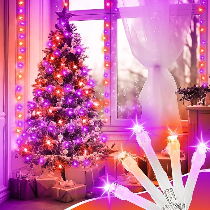 70 ft Purple-Orange LED String Lights – 210 LEDs on Transparent Wire, Waterproof & Connectable Holiday Décor – Spooky Halloween & Warm Christmas Ambiance