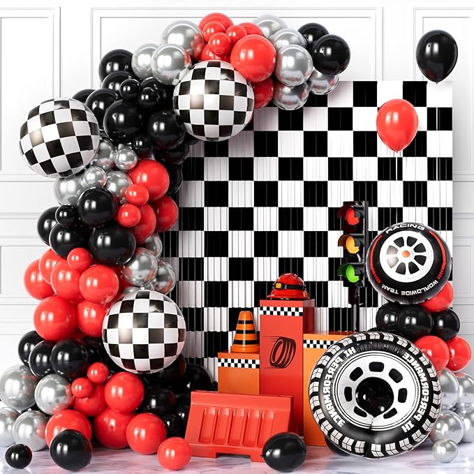 128pcs Race Car Balloon Garland Arch Kit, with 29 in Foil Tire Balloon and Black White Checkered Foil Fringe Backdrop for Race Car Two Fast Baby Shower Birthday Party Decorations