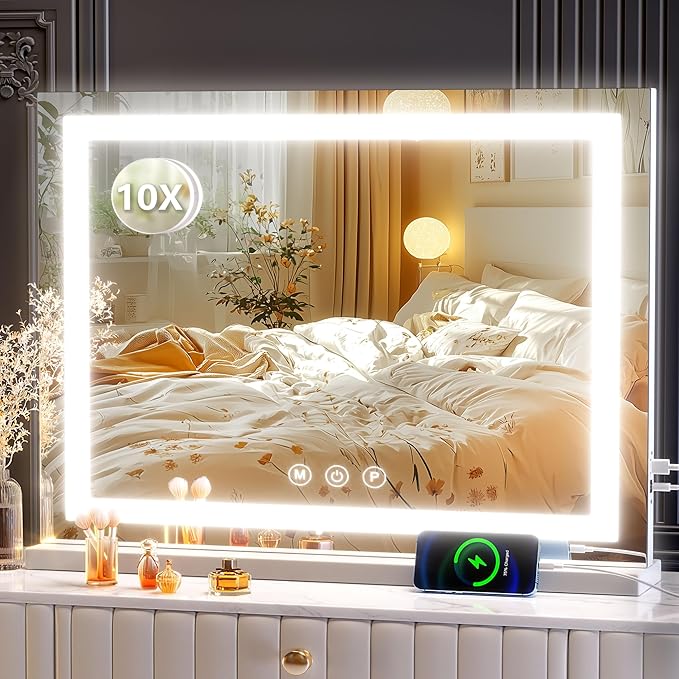 Makeup Vanity Mirror with USB Charging Port 24" x 19" Large LED Makeup Mirror, Desk Mirorr with Lights, Light up Mirror with 10X Magnification and, Dimmable 3 Modes, Touch Control White