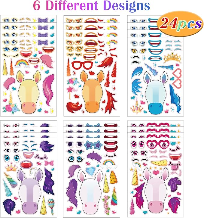24 Sheets Unicorns Make a Face Sticker Sheets for Kids Todders Activities, Make Your Own Stickers for Kids Birthday Party Favor Supplies Craft
