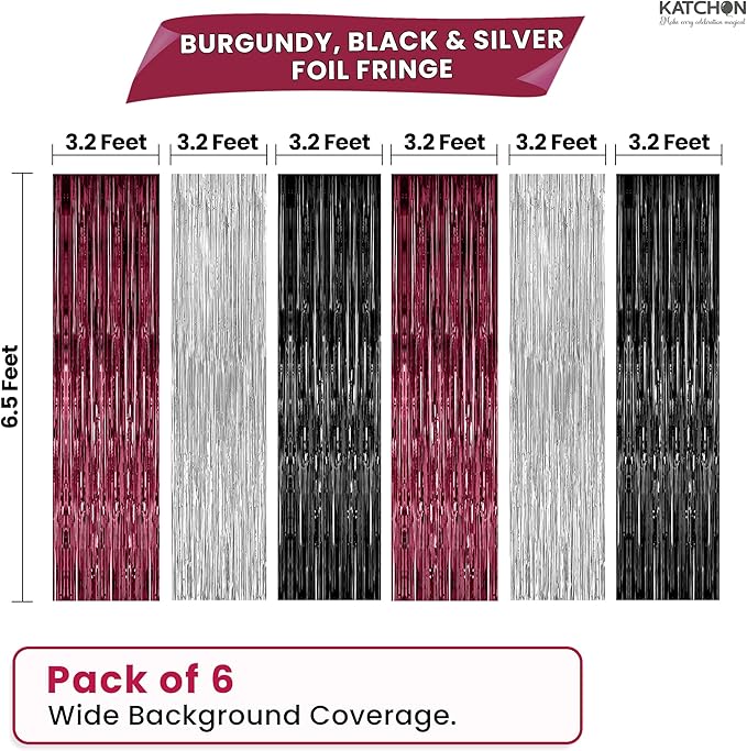 KatchOn, Burgundy Black and Silver Foil Fringe Curtains – Pack of 6 | Tinsel Backdrop for Bridal Shower, Bachelorette Party Decorations | Streamer Backdrop for Christmas, Halloween Decorations Indoor