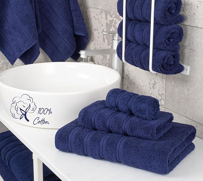 American Soft Linen Premium 3 Piece Towel Set, 1 Bath Towel 1 Hand Towel 1 Washcloth, 600 GSM 100% Cotton Turkish Towels for Bathroom, Navy Blue Towel Set