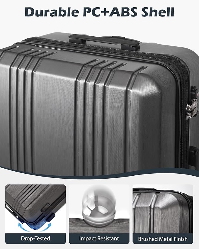 Coolife Luggage 3 Piece Set PC+ABS Hardshell Suitcases with TSA Lock, Spinner Lightweight (sliver, 3 piece set)