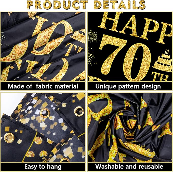 70th Birthday Decorations Happy 70th Birthday Banner for Men Women Black Gold 70 Years Birthday Party Decorations Background for Home Birthday Decor(71 x 45 inch)