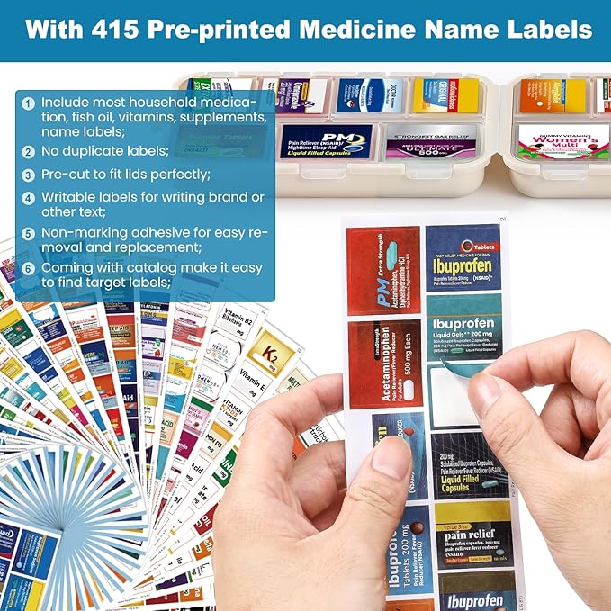 3 Pack 14 Grids Travel Pill Organizer Box with 415-Pcs Medicine Name Labels - Pocket Daily Pharmacy Case Container Kit - Travel Medication Holder Dispenser for Fish Oil Vitamin, Khaki+Pink+Sky Blue