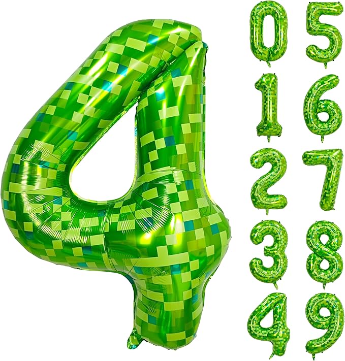 40 inch giant Green pixel miner game number 4 balloon Large mining theme foil balloon 0-9 Suitable for pixel game parties children's birthdays party anniversary celebrations baby shower decoration