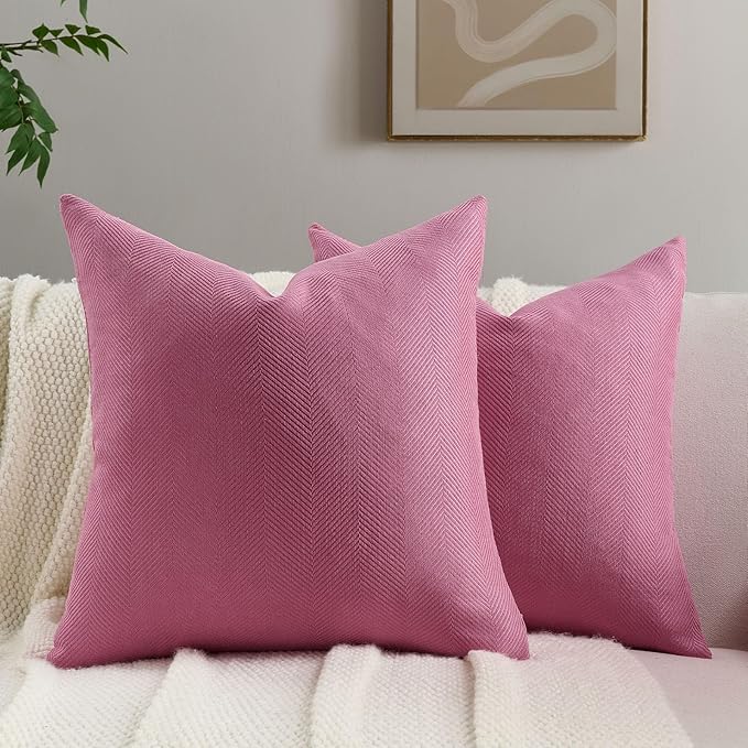 FUTEI Hot Pink Chenille Throw Pillow Covers 20x20 Inch Set of 2,Soft Wide Chevron Textured Cushion Case,Farmhouse Home Decor for Couch Bed Living Room