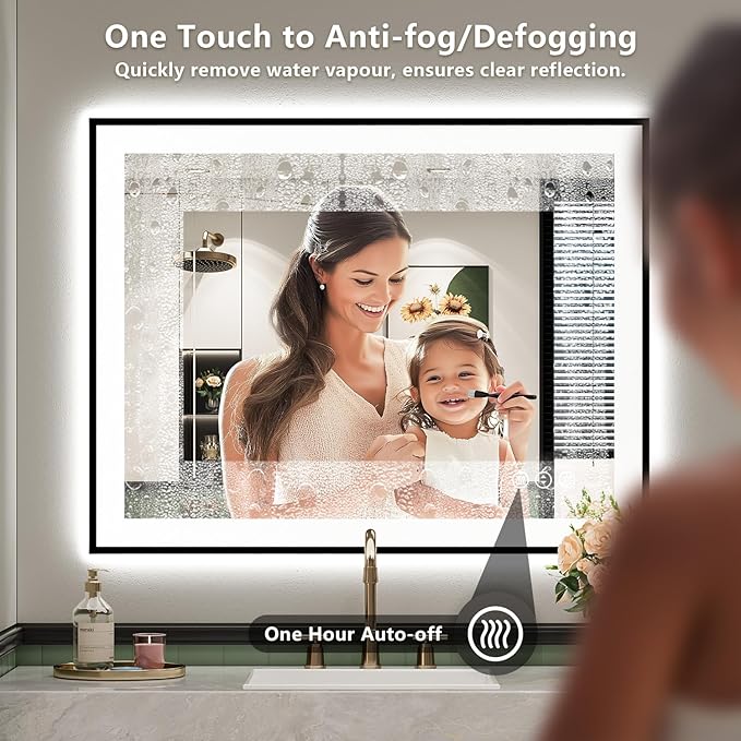 24x36 Inch LED Bathroom Mirror with Lights (Front Lit and Backlit) Black Framed Lighted Vanity Mirror for Bathroom Wall Dimmable Anti-Fog Memory Tempered Glass Horizontal/Vertical