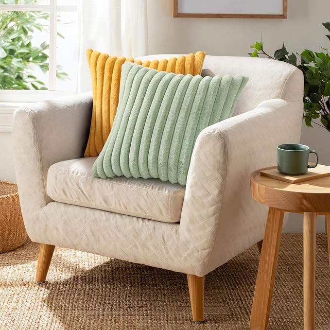 Pallene Faux Fur Plush Throw Pillow Covers 22x22 Set of 2, Luxury Soft Fluffy Striped Decorative Pillow Covers for Sofa, Couch, Living Room, Sage Green