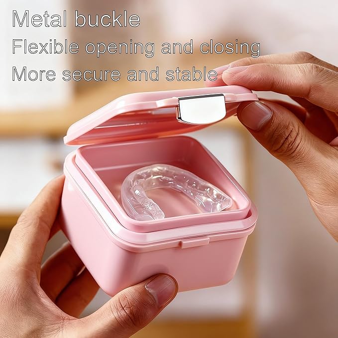 Denture Case Kit, Retainer Cleaning Case False Teeth, Retainer Cleaning Denture Bath Cup with Mirror Use in Denture Bridges, Denture Soaking Container, Traditional Braces for Travel （Pink）