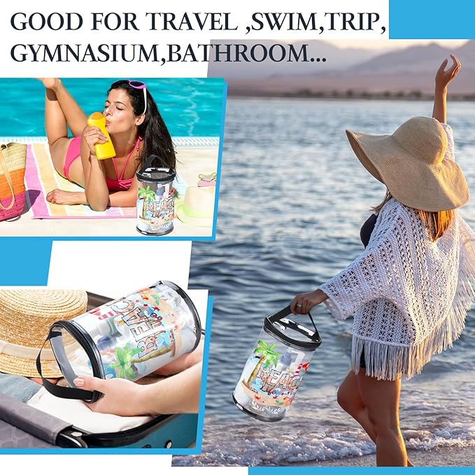 Sanwuta Beach Gifts Heavy Duty Clear Lotion Toiletry Bags for Travel Sunscreen Makeup Cosmetic Pouch Cylinder Bag Waterproof Portable Trip Bag with Handle Zipper(Beach Life)