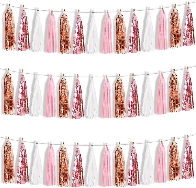 BEISHIDA 3 Packs White Pink Rose Metallic Foil Fringe Tassel Garland Banner Streamers for Girl Birthday Bridal/Baby Shower Wedding Engagement Valentine's Day Anniversary Women's Party Decoration