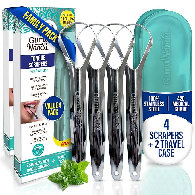 GuruNanda Tongue Scraper for Adults (4-Pack) with Travel Case, 420 Medical Grade Stainless Steel, Aids in Fresh Breath & Oral Care - Travel-Friendly