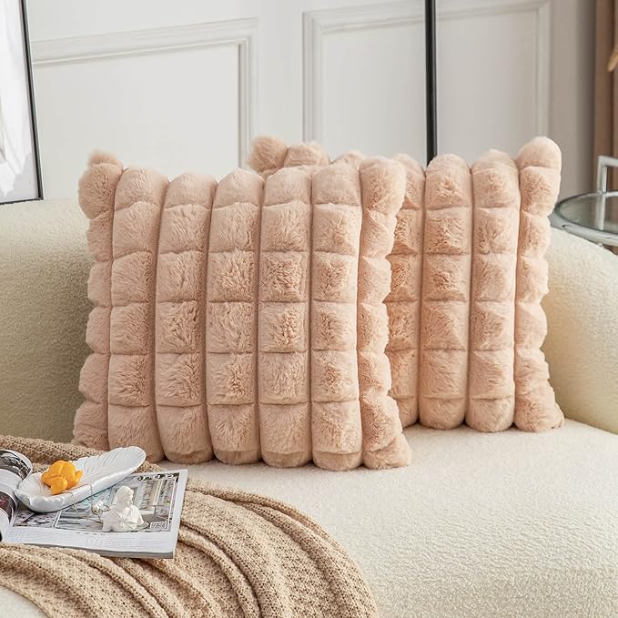 Neelvin Camel Faux Fur Cozy Soft Plaid Decorative Throw Pillow Covers 16x16 inch Set of 2,Velvet Pillowcase Cushion Case for Sofa Couch