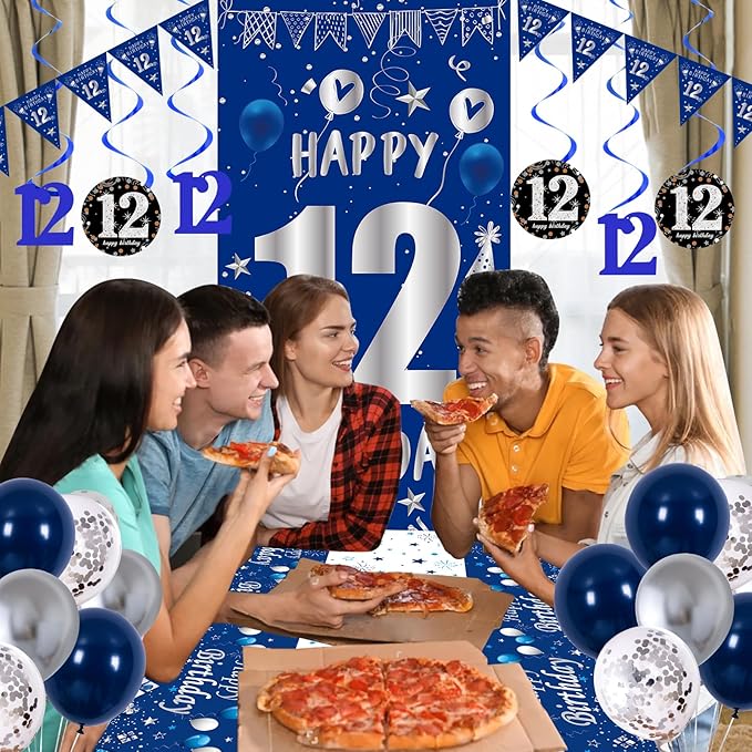 12th Birthday Decorations for Boys Girls, Blue Silver Happy 12th Birthday Party Decorations Supplies - Happy 12 Birthday Backdrop Banner Tablecloth Triangle Flag Balloons for 12 Year Old Party