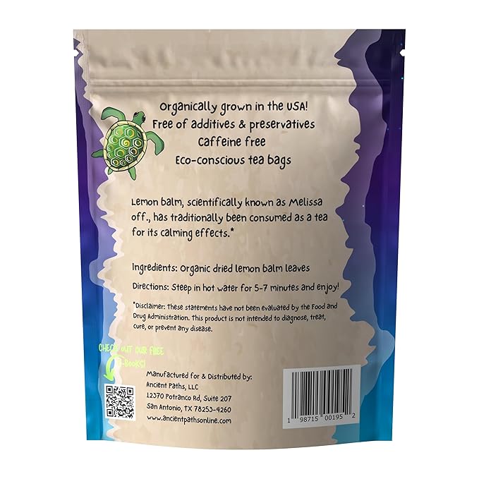 Ancient Paths Organic Lemon Balm Herbal Tea - Nervous & Digestive Support - 100% Pure Dried Lemon Balm Calming Tea - Caffeine-Free & Sustainable Tea Bags - USA Grown (20 Sachets)
