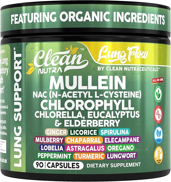 Clean Nutra Mullein Leaf Extract for Lungs Cleanse NAC Supplement Chlorophyll Chlorella Elderberry | Lung Detox for Smokers | Ginger Licorice Astragalus Oregano Turmeric Respiratory Support Capsules
