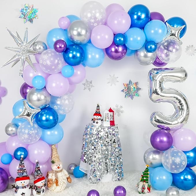 Snow 5th Birthday Decorations Girl, Snowflake Balloon Garland Arch Kit, Laser Explosion Star Balloons, Silver Number 5 Balloon Tower for Baby Shower Girls 5th Snow Theme Party Supplies