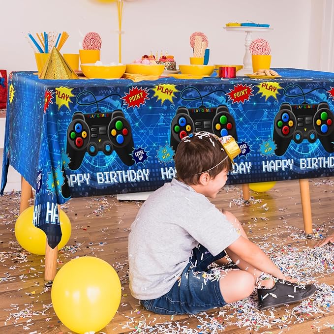 Gamer Birthady Party Decorations Tablecloth,3pcs Blue Video Game Table Cover Gaming Birthday Plastic Tablecloth for Boys Birthday Game Theme Party