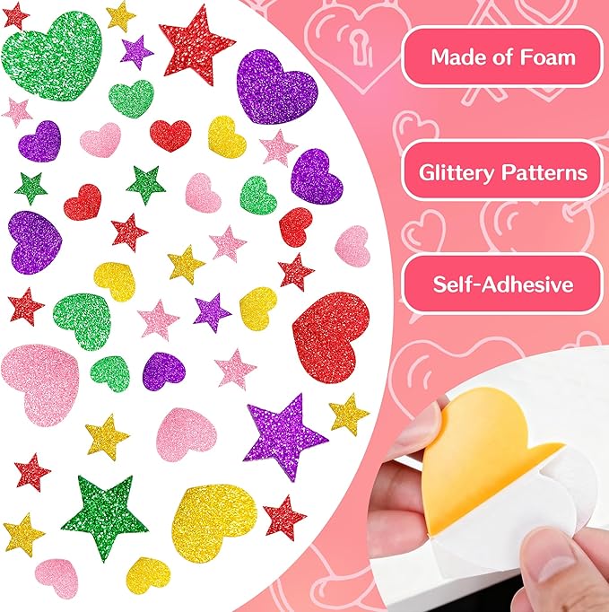 Stickers for Kids - 280 PCS Glitter Foam Reward Stickers for Kids Classroom | Self Adhesive Stars Mini Heart Shapes Glitter Stickers for Teachers Students - Arts Craft Scrapbook Supplies Party Favors
