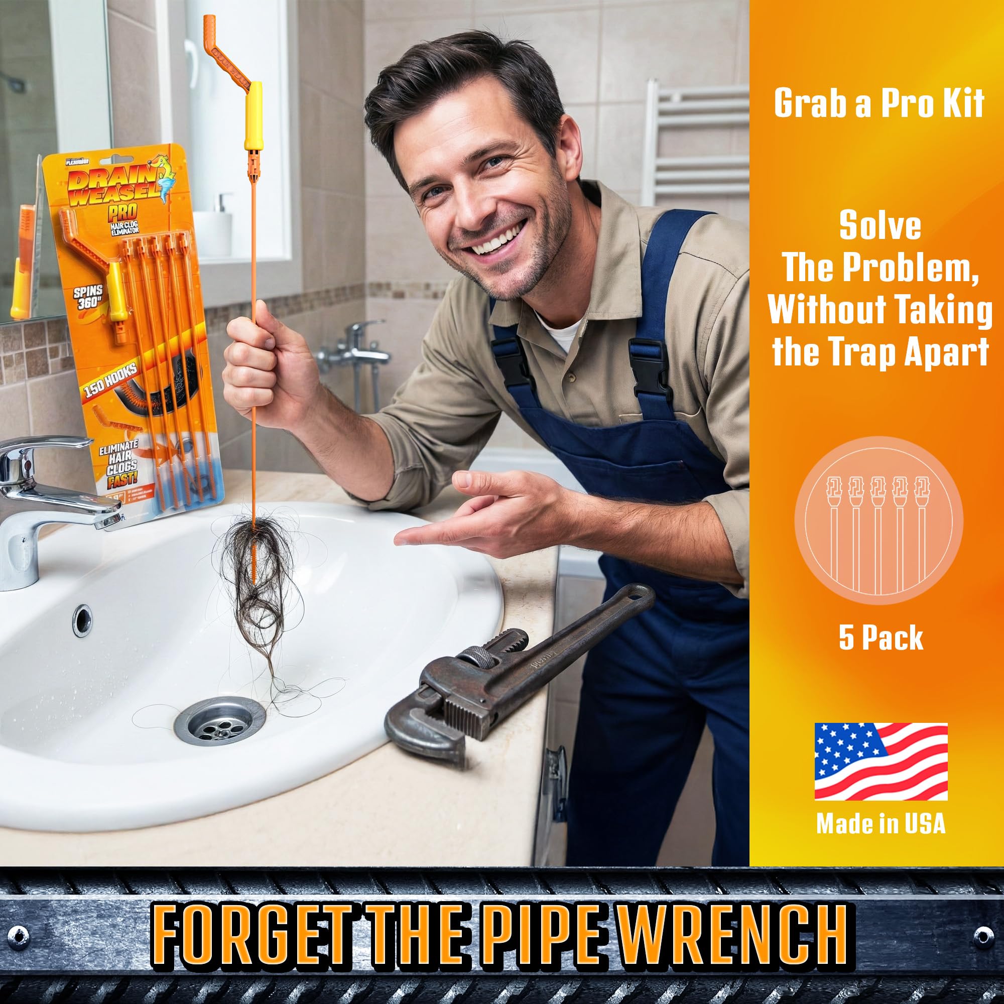 FlexiSnake Pro Drain Weasel Sink Snake Hair Clog Remover Tool, 5 Wands