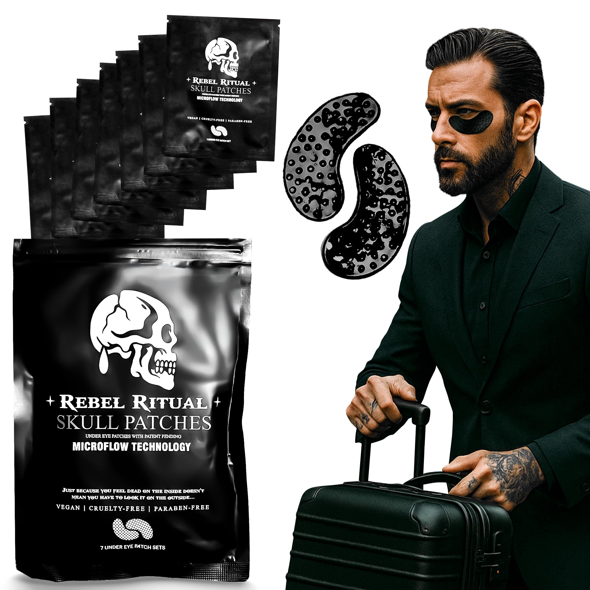Rebel Ritual Skull Under Eye Patches for Men, Collagen Hydrogel Eye Masks, Cooling Hydrating Under Eye Patches with MicroFlow Design, 7 Pairs