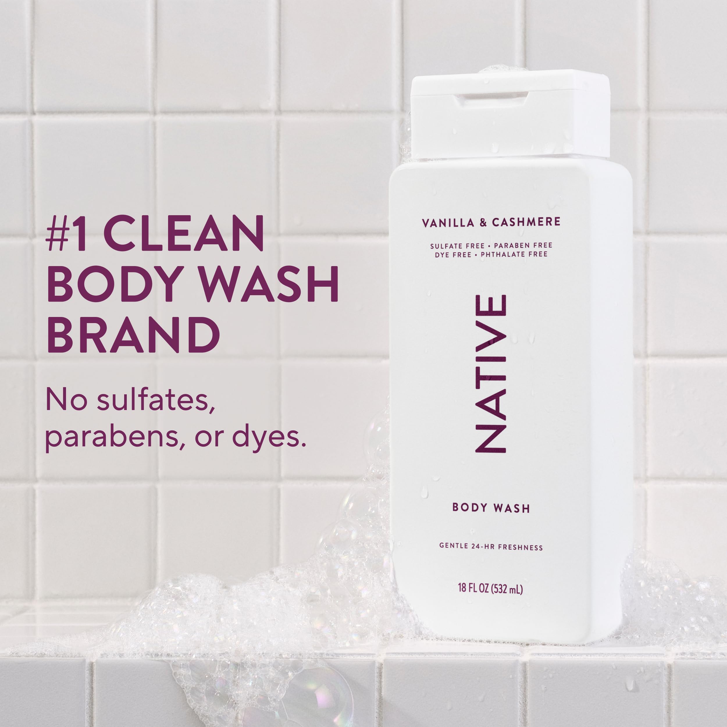 Native Clean Body Wash, Gentle & pH-balanced for Sensitive Skin, 24-Hr Freshness for Women & Men, Vegan & Cruelty-Free, Free of Sulfates & Parabens, Vanilla & Cashmere, 18 fl oz