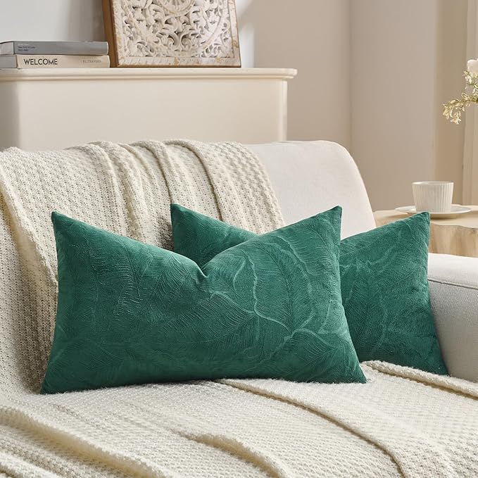 FUTEI Christmas Dark Green Velvet Throw Pillow Covers 12x20 Inch Set of 2,Soft Embossed Leaf-Relief Textured Lumbar Pillow Cases,Natural Home Decor for Couch Living Room