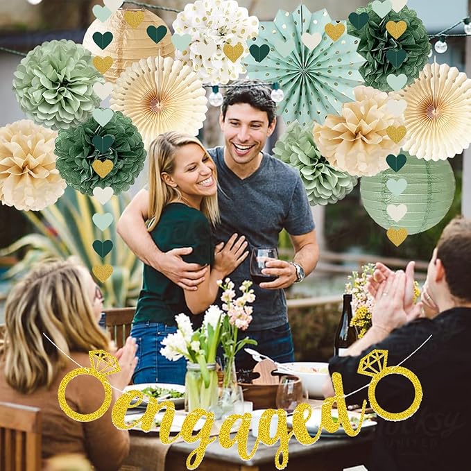 Engagement Party Decorations Sage Green Just Engaged Decorations Glitter Engaged Banner Tissue Pom Poms Paper Lanterns Tassel Garland for Married Decoration Wedding Bachelorette Party Decor